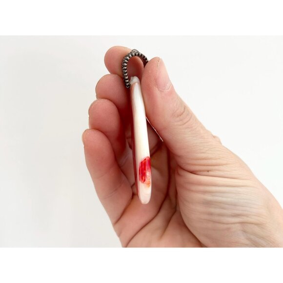 Red & White Polished Agate Crystal Oval Silver Toned Teardrop Vintage Pendant - Picture 12 of 12